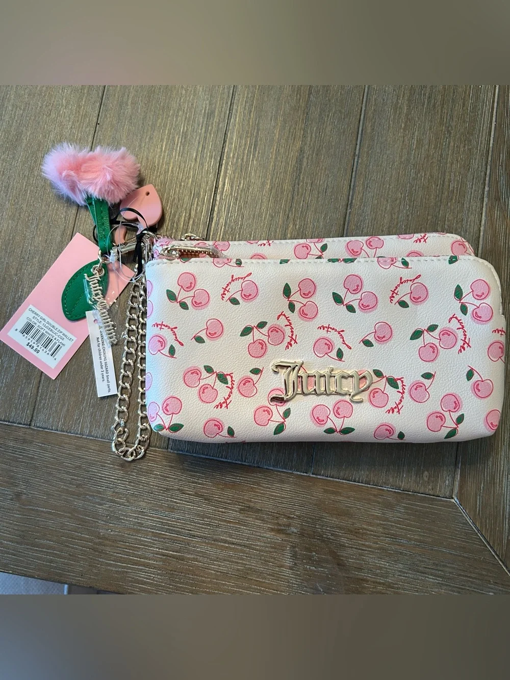 NWT Juicy couture Pink Cherry Print Double Zip Wristlet wallet